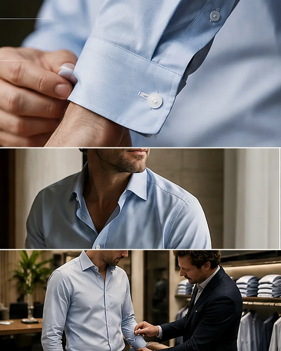 Editorial sequence showing sleeve, shirt length and garment-width adjustments during an in-store fitting.
