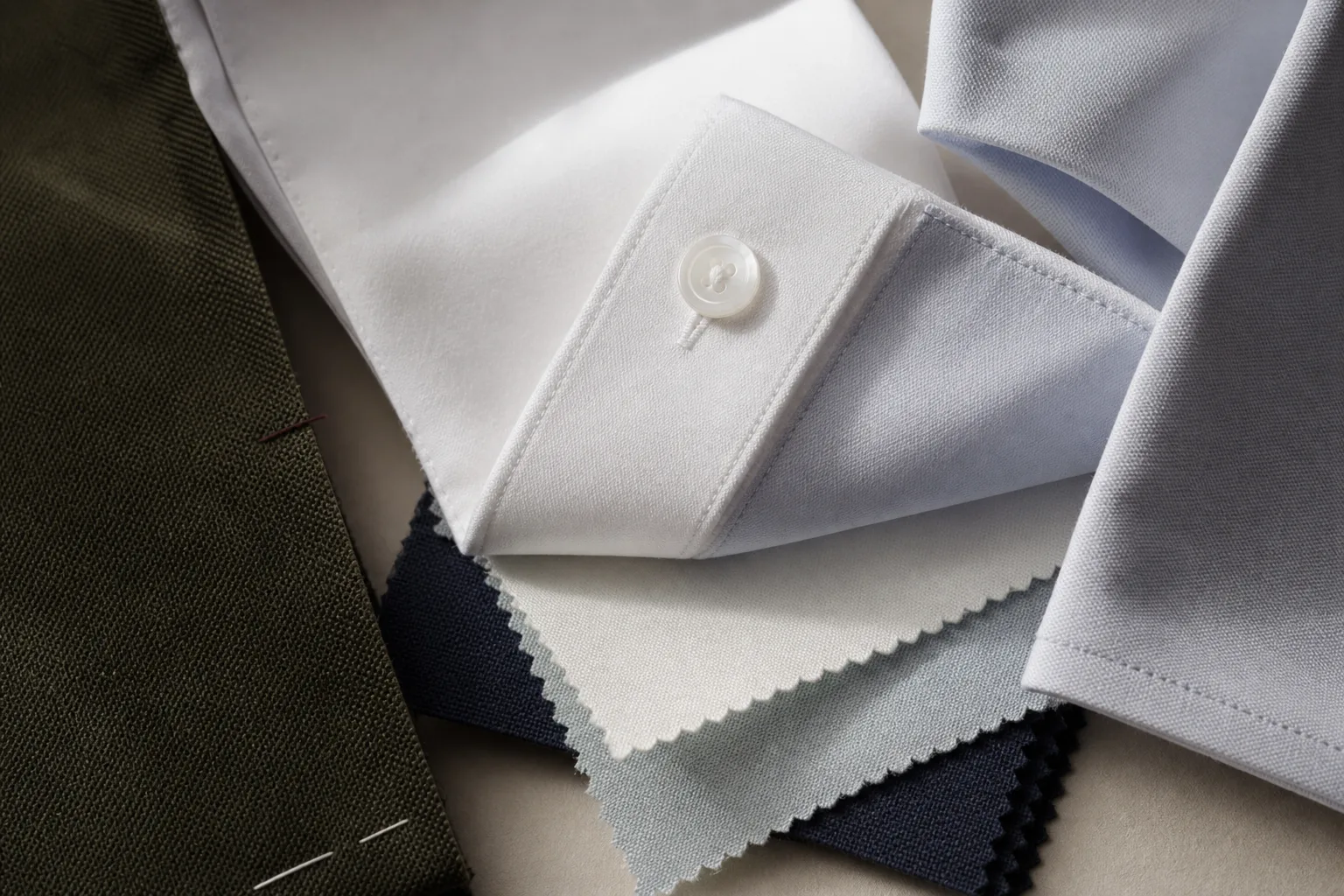 Close view of striped cotton shirting fabric and button detail.