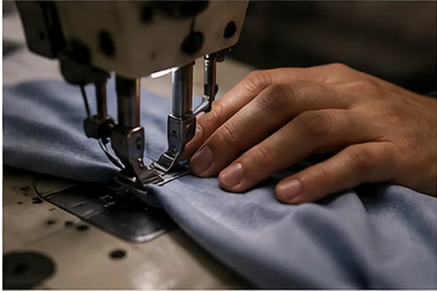 Close view of hands guiding blue fabric through a sewing machine.